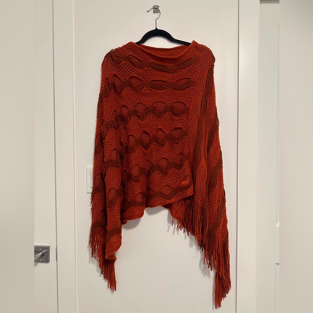 Raj Cable Knit Poncho Sweater with Fringe